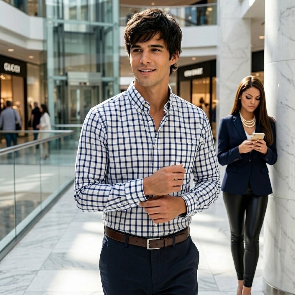 J.Crew Men L Shirt Navy White Cotton Check Button Down Essential Sophisticated